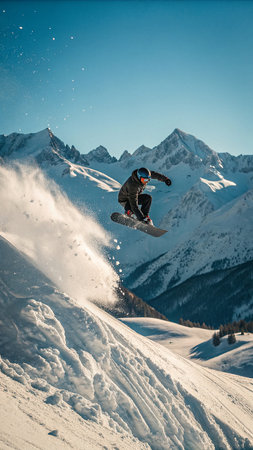 Flying snowboarder on mountains. Extreme winter sport. Artistic style.の素材