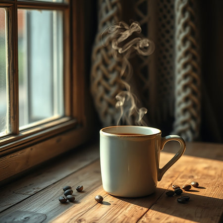 Cup of coffee with steam on a wooden table in the windowの素材