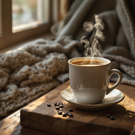 Cup of coffee with steam on wooden table in front of windowの素材