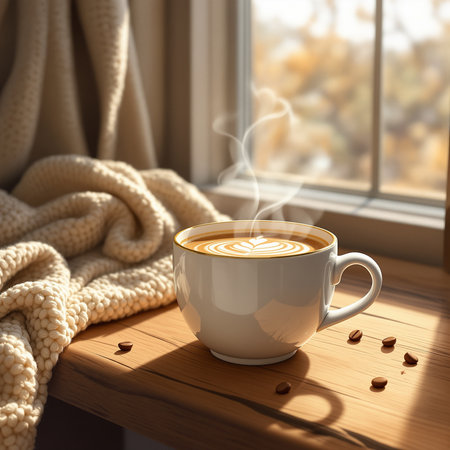 Cup of coffee with warm scarf on wooden table near window.の素材