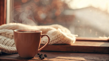 Cup of hot coffee with knitted scarf on wooden windowsillの素材