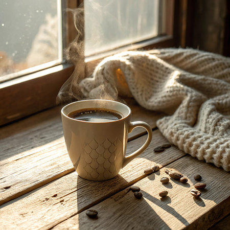 Cup of coffee with knitted scarf on wooden windowsill.の素材