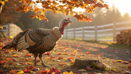 A realistic farmyard turkey standing proudly on the ground, wearing a warm knitted autumn sweater.の素材