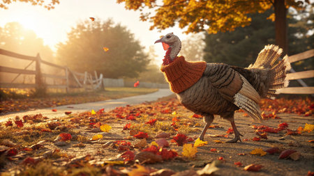 A realistic farmyard turkey standing proudly on the ground, wearing a warm knitted autumn sweater. The bird has detailed feathers, natural textures, and lifelike proportionsの素材