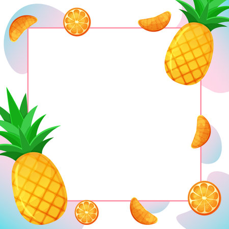 Tropical border with exotic fruit pineapple. Square frame. Template design. Vector illustration isolated.のイラスト素材