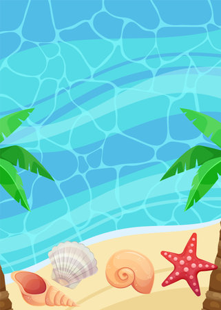 Summer background with sea, sand, palm, shell, starfish. Vertical summer template in cartoon style. Vector illustration.のイラスト素材