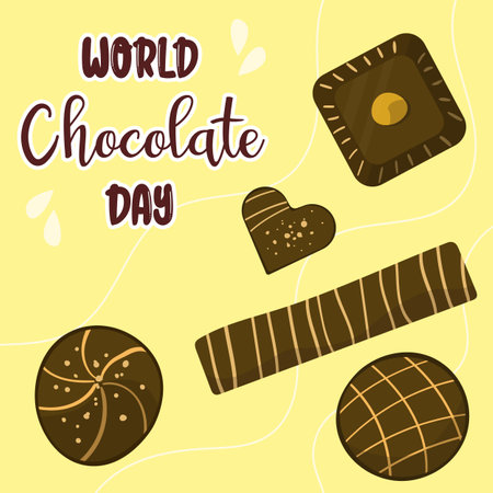 World chocolate day design template. Chocolate blocks. Post with chocolate desserts. Vector illustration in cartoon style.のイラスト素材