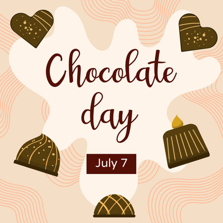 World chocolate day design template. Chocolate blocks. Post with chocolate desserts. Vector illustration in cartoon style.のイラスト素材
