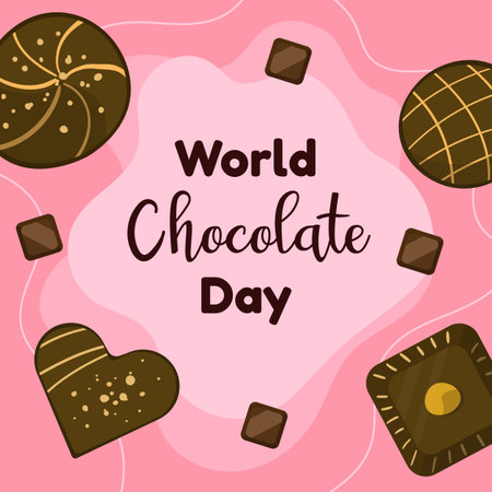 World chocolate day design template. Chocolate blocks. Post with chocolate desserts. Vector illustration in cartoon style.のイラスト素材