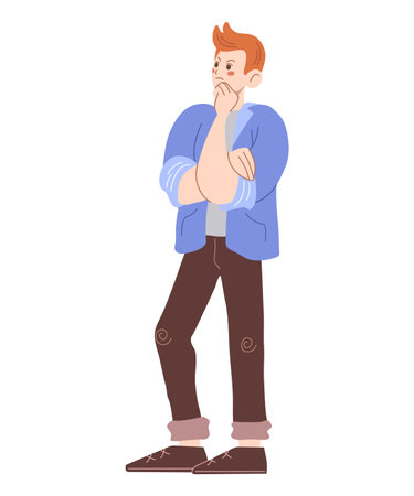 Sad man is thinking. Male character in cartoon style. Flat vector illustration isolated on white.のイラスト素材