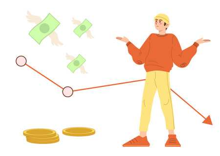 Financial problems and bankruptcy concept. Young sad depressed man. Vector illustration in cartoon style.のイラスト素材