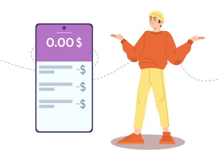 Young man with empty bank account. Mobile banking. App for bank. Finance problems. Vector illustration in cartoon style.のイラスト素材