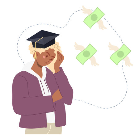 Student with money troubles. Upset guy has no money. Finance problems concept. Vector illustration in cartoon style.のイラスト素材