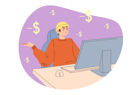 Man sitting on the computer. Male losing money online. Concept of money problems. Vector illustration for bankruptcy, loss, crisis.のイラスト素材