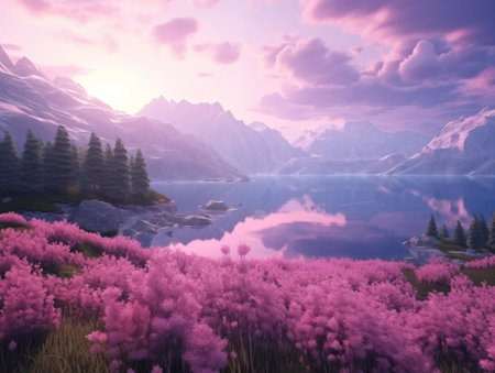 Peaceful landscape with mountains, lake and flowers. Pink purple colors.の素材