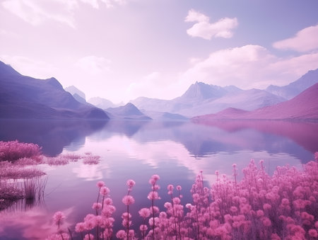 Peaceful landscape with mountains, lake and flowers. Pink purple colors.の素材