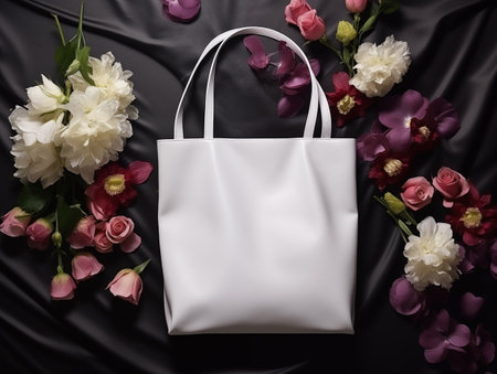 White shopper bag lying on black table surrounding flowers. Canvas tote bag. Mockup. Reusable grocery shopping bag with copy space. Top view.の素材