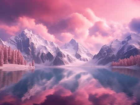 Peaceful landscape with mountains, lake and flowers. Pink purple colors.の素材
