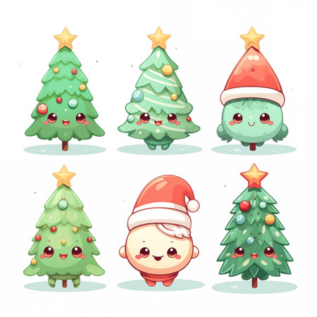 Kawaii Christmas tree characters for Christmas. Cute fir tree for Xmas greetings cards, invitations. New year mood. Illustration isolated on white background.の素材