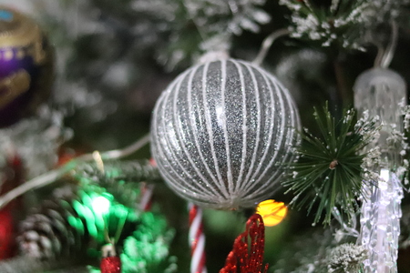 Sparkly Silver Christmas Tree Decoration Ballの写真素材