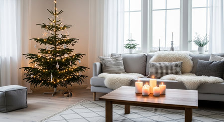 Christmas tree in living room with candles and sofa, interior design conceptの素材