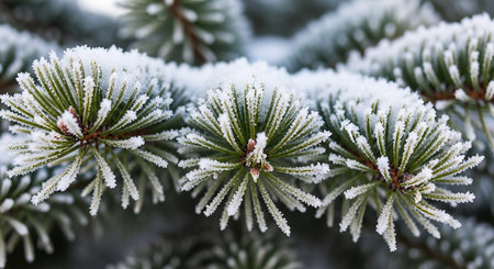 spruce branches covered with hoarfrost, close-up, winter backgroundの素材