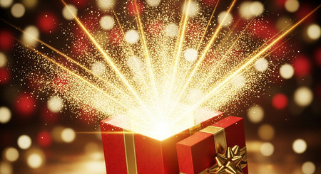 Gift box with fireworks on bokeh background 3D renderingの素材
