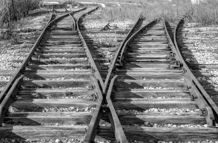 Railway tracks in black and white. Railway tracks. Railway tracks.の写真素材