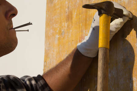 Image of a carpenter's mouth holding nails between his lips while nailing wooden boards with a hammer. Masonry and do-it-yourself workの写真素材