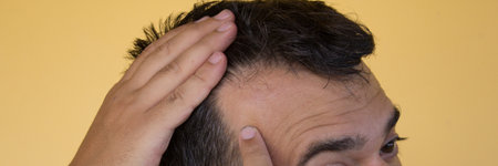 Image of a man showing the onset of hair loss and the principle of receding hairline. Possible...