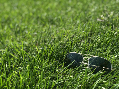 Glasses with a mirror blue coating on the glasse. Sunglasses with black glasses on the luscious green grass. Glasses are put on to protect the eyes from sunlight and ultraviolet rays. High qualityの写真素材