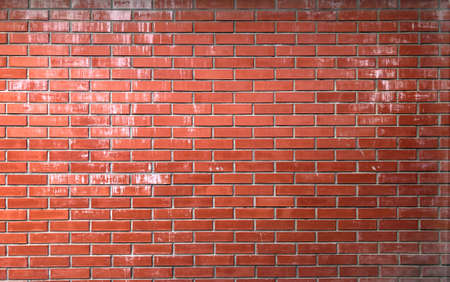 Red brick wall background. Brickwork texture with scratches and cracks. Traces of white paint, cement, and concrete on wall. Photo of facade of old building. Can be used as background or wallpaper.の写真素材
