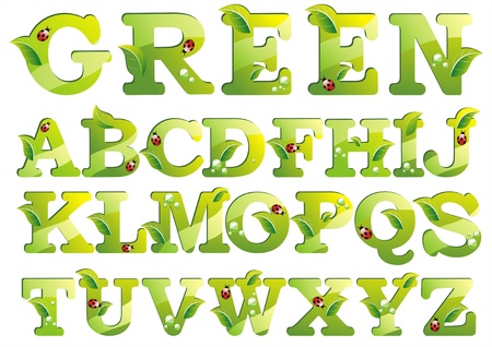Letters with green leaf alphabet isolated on white backgroundのイラスト素材