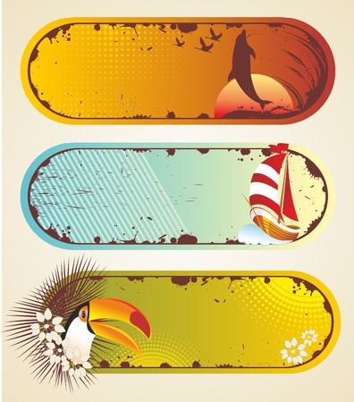 Summer stickers. Travel elements collection with sail, palm and toucan.のイラスト素材