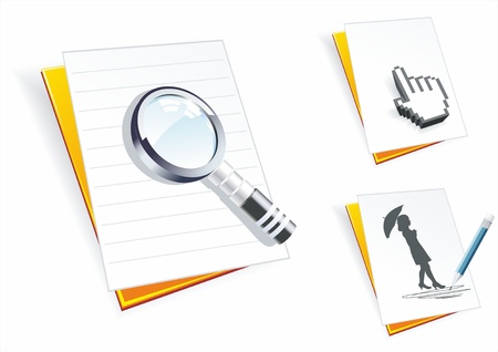 Folders with paper clean sheets, a magnifier, the cursor and pencil drawing.のイラスト素材