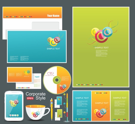 Corporate identity templates blank, business cards, disk, envelope, smart phone, pen, badge, cup のイラスト素材