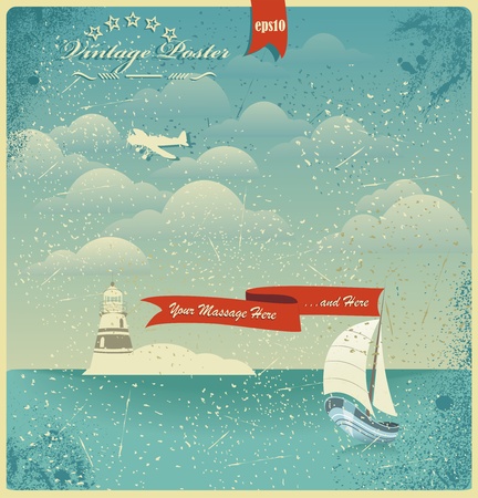 Vintage seaside view poster. Vector background. のイラスト素材