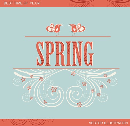 Spring word, flowers and birds, vector のイラスト素材