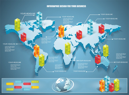 3d vector world map illustration with modern elements of info graphics のイラスト素材