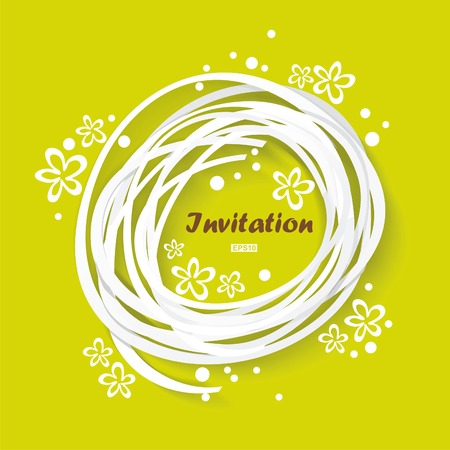Green congratulation vintage invitation card with floral elements, vector background with drawing flowersのイラスト素材