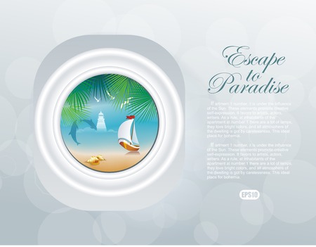 Island view through aircraft porthole. Vector illustration, eps10.のイラスト素材