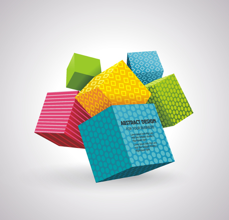 Abstract vector illustration of chaotic particles. Flying cubes colorful bright wave perspective swoosh line.のイラスト素材