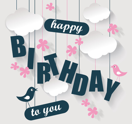 Happy birthday card with clouds and birds. Vector holiday illustration.のイラスト素材
