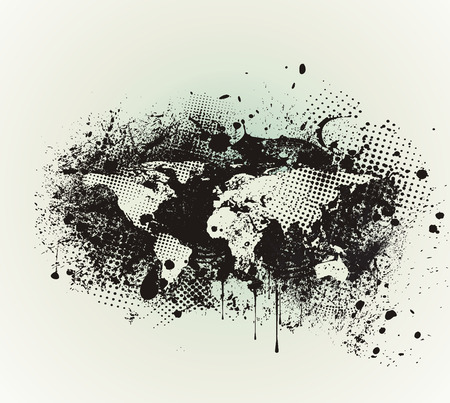 Grunge Political World Map with Ink Blots Brush Texture on White Background.のイラスト素材
