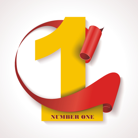 Number one, yellow numeric with red rolled ribbon.のイラスト素材