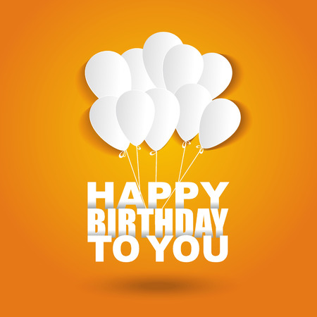 Happy birthday card with flat white letters and ballons on bright background, vector illustration.のイラスト素材