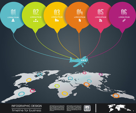 Abstract world map with airplane and colorful stickers.のイラスト素材
