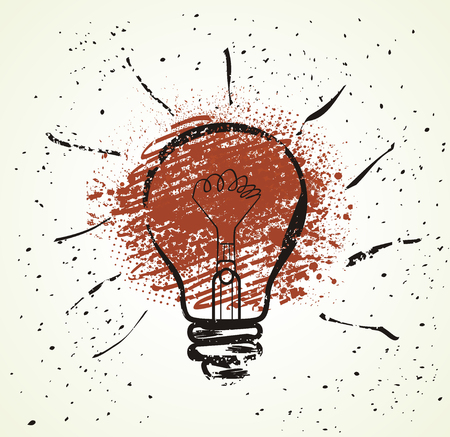 Flat design light bulb icon with concept of idea. Doodle hand drawn sign.のイラスト素材