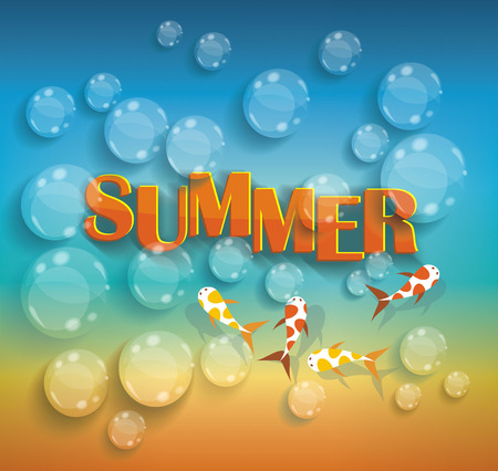 Summer design on sea background with water drops and exotic fish.