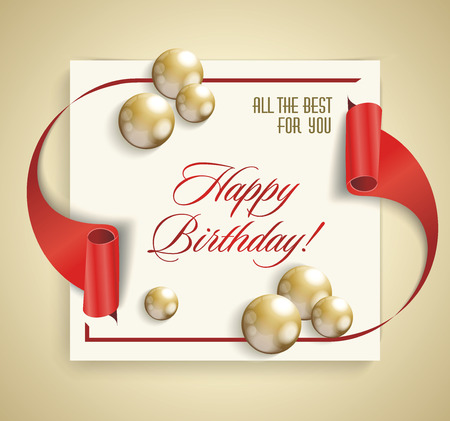 Happy Birthday banner with red  ribbon and golden balls.のイラスト素材